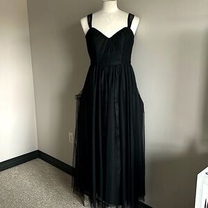Belsoie | Women Black Open Back Dress w/ Lace Panel & Layered Tulle Skirt- Sz 12